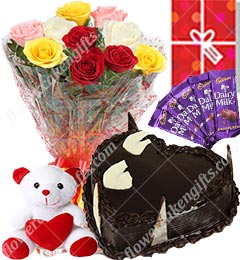 send Mix Roses Bouquet 1kg Heart Shape Chocolate Cake Chocolate Teddy Greeting Card delivery