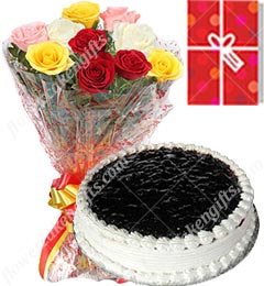 send Eggless Kg BlueBlack Berry Cake 10 Mix Roses bouquet n Greeting Card delivery