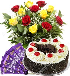 send 500gms Black Forest Cake  Red Yellow Roses n Chocolate Gift delivery