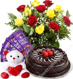 send 500 gms chocolate cake Red Roses bouquet teddy Chocolate  delivery