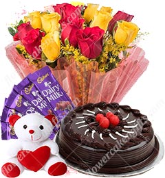 send Eggless 500 gms chocolate cake Red Roses bouquet teddy Chocolate  delivery