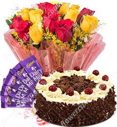 send Eggless 500gms Black Forest Cake  Red Yellow Roses n Chocolate Gift delivery