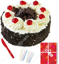 send Eggless Half Kg Black Forest Cake Candle Greeting Card delivery