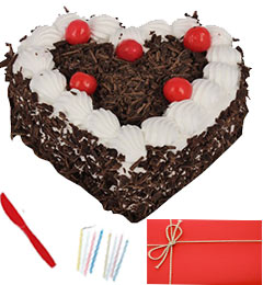 send Eggless 1 Kg Heart Shape Black Forest Cake n Greeting Card delivery