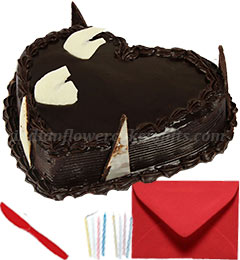 send Eggless 1kg Heart Shape Chocolate Cake Greeting Card delivery