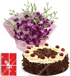 send Eggless 500gms Black Forest Cake Orchids Bouquet delivery