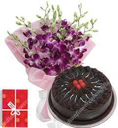 send Eggless 500gms Chocolate Cake n Orchids Bouquet delivery