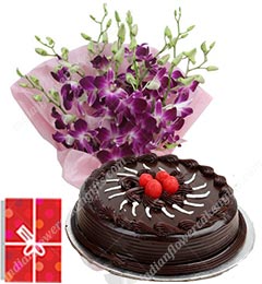 send Eggless 1Kg Chocolate Cake n Orchids Bouquet delivery