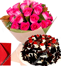 send Pink Roses Bouquet n Black Forest Eggless Cake delivery