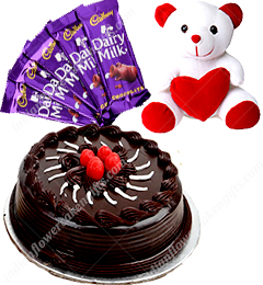 send Half Kg Eggless Chocolate Cake Teddy n chocolate  delivery