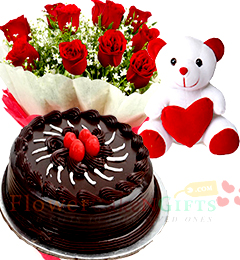 send Red Rose Bouquet and 500gms Chocolate Eggless Cake Teddy delivery