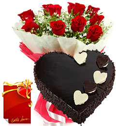 send 1kg Heart Eggless Chocolate Truffle Cake n Red Roses delivery