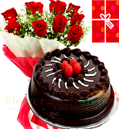Eggless 1Kg Chocolate Truffle Cake Roses bouquet Greeting Card