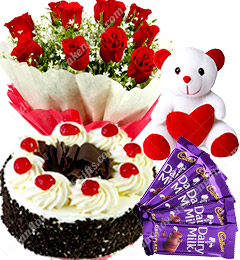 send Half Kg Black Forest Eggless Cake Red Roses Bouquet 5 Chocolates Teddy bear delivery