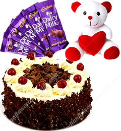 send Black Forest Cake Half Kg Chocolate n Teddy delivery