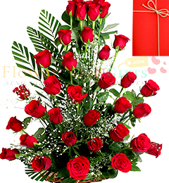 send 35 Red Roses Premium Basket Arrangement n Greeting Card delivery