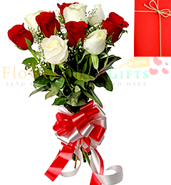 send 8 Red n White Roses n Card  delivery