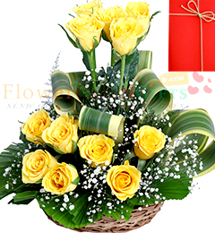 send 12 Yellow Roses in Basket n Card delivery
