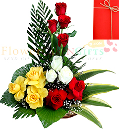 send 12 Mix Color Roses in Basket n Card delivery