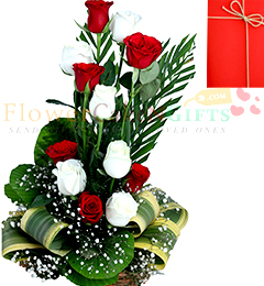 send 6 Red And 6 White Roses in Basket  delivery