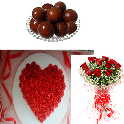 send 1 Kg 500gms Roses Cake 500gms gulab jamun pack and 10 Red Roses Bunch delivery