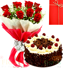 Half Kg Eggless Black Forest Cake N 10 Red Roses Bouquet n Greeting Card