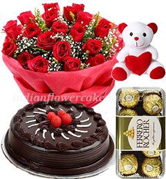 send chocolate cake rose bouquet ferrero rochher chocolate and teddy bear delivery