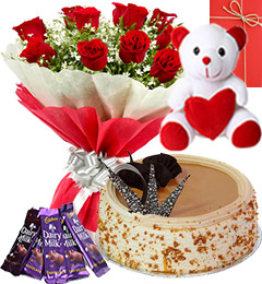 send Half Kg Butterscotch Cake Red Roses Bouquet Chocolate  Teddy N Greeting Card delivery