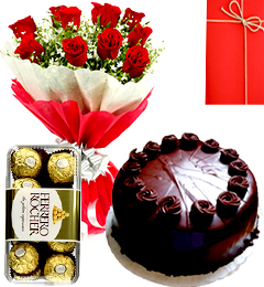 send Half Kg Chocolate Cake Red Roses Bouquet 16 Pcs ferrero rocher  Chocolate delivery