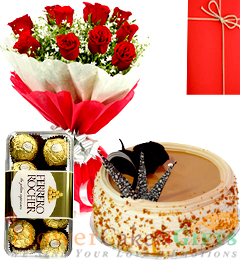 send Half Kg Butterscotch cake Red Roses Flower Bouquet Ferrero Rocher Chocolate delivery