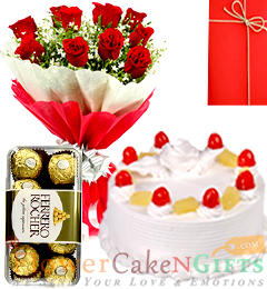 send Half Kg pineapple cake Red Roses Flower Bouquet Ferrero Rocher Chocolate delivery