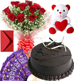send 10 Red Roses Flower Bouquet 500gms chocolate truffle cake Chocolate  teddy Bear Greeting Card delivery