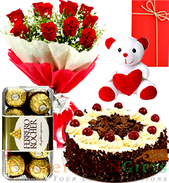 send Half Kg Black Forest  Cake  Red Roses Bouquet Chocolate Teddy Bear delivery
