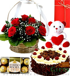 send 500gms Black Forest Cake Roses Basket  Teddy Ferrero Rocher Gifts delivery