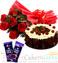 send Half Kg Black Forest Cake Round Shape  Red Roses Bunch Dairy Milk Chocolate delivery