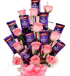send Arrangement of 12 Pink Roses and 10 Dairy Milk Chocolates delivery