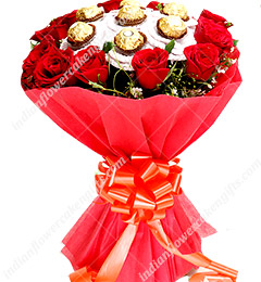 send Red Roses Bouquet n Ferrero Rocher Chocolates delivery
