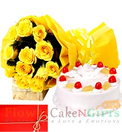 send 1Kg Pineapple Cake n Yellow Roses Perfect Combo to Gift delivery