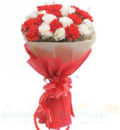 send 20 Red n White Carnations Flower bouquet delivery