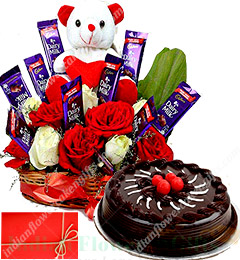 send Chocolate truffle Cake n Special teddy Roses Flower Chocolate Bouquet delivery