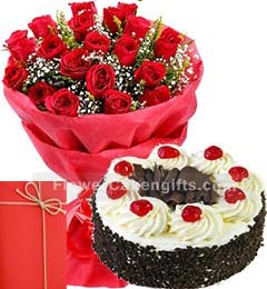 send Half Kg Eggless Black Forest Cake 25 Red Roses Bouquet nCard delivery