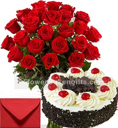 send 1Kg Egggless Black Forest Cake 25 Red Roses Bouquet n Card delivery