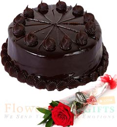 send 1 Rose n half kg chocolate truffle cake delivery