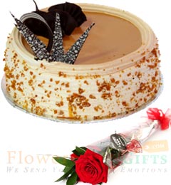 send Half Kg Eggless Butterscotch cake n 1 Red Rose delivery