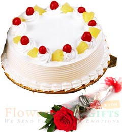 send Half Kg Pineapple cake n 1 Red Rose delivery