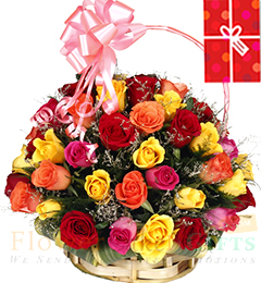 send 50 Mix Roses Flower basket delivery