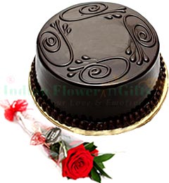 send 1Red Rose n Eggless Chocolate truffle cake Half Kg delivery