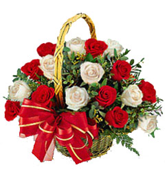 send 25 White Red Roses Basket Gifts delivery