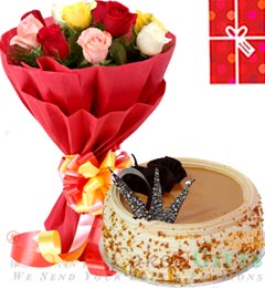 send 1Kg Butterscotch Cake 10 Mix Roses bouquet n Greeting Card delivery