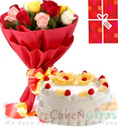 send 1Kg Pineapple  Cake 10 Mix Roses bouquet with Greeting Card delivery
